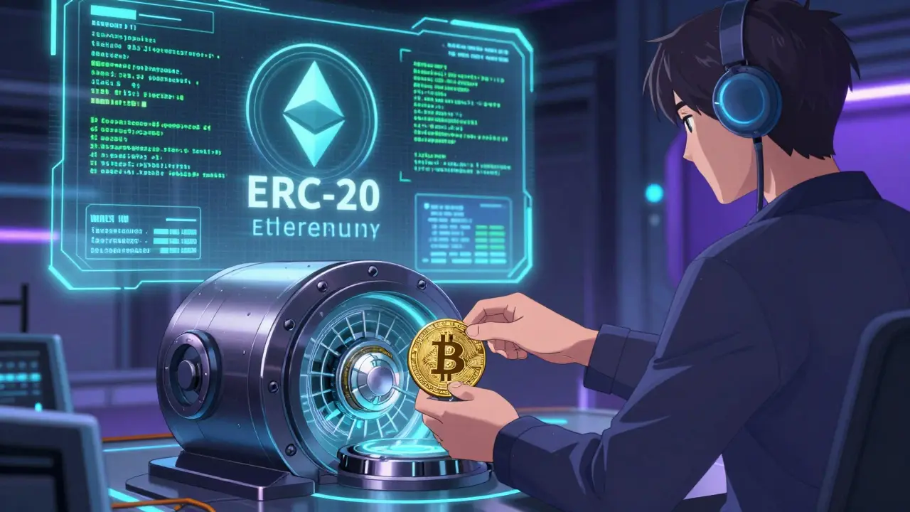 Anime depiction of Bitcoin being locked in a vault to mint WBTC