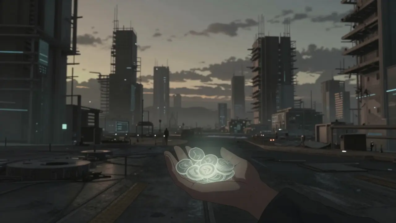Anime figure holding faintly glowing tokens in an empty, unfinished virtual city.