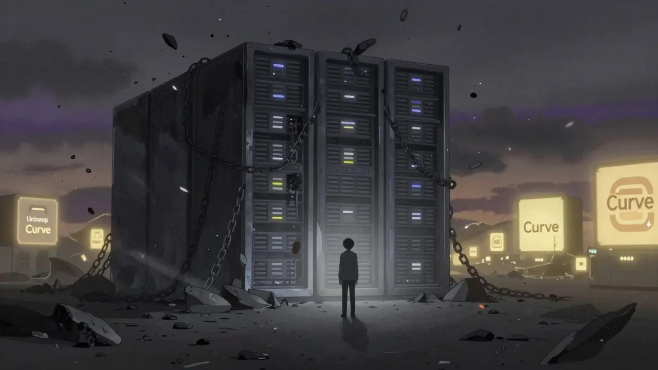 Anime figure near dormant server, contrasting with active distant platforms