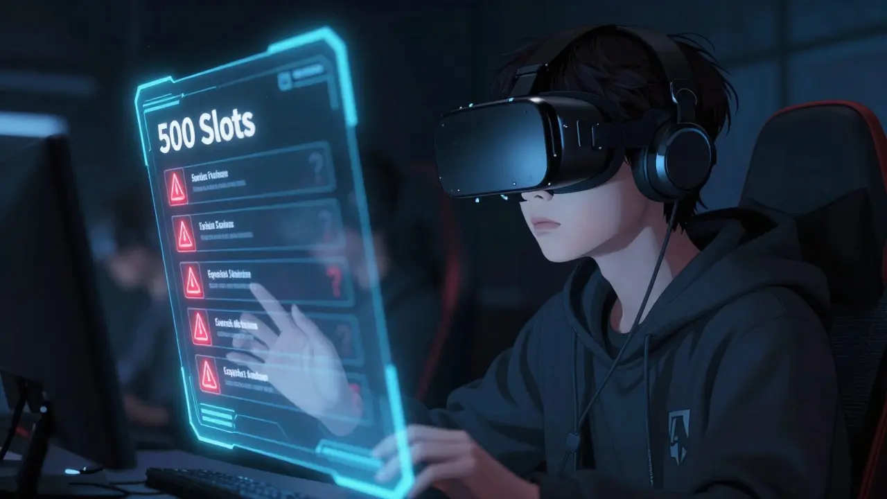 Anime gamer checking a holographic screen showing limited slots and warnings