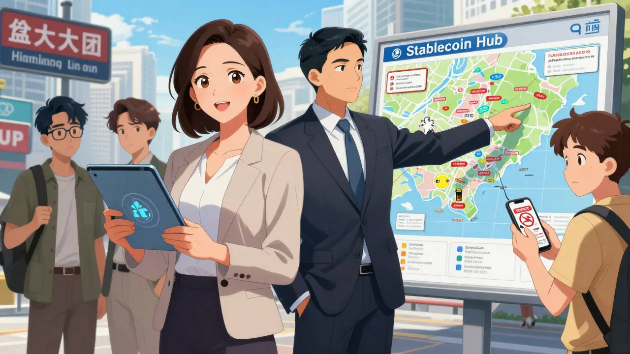 Anime illustration contrasting mainland China's crypto ban with Hong Kong's regulated crypto hub, featuring business professionals and tourists.