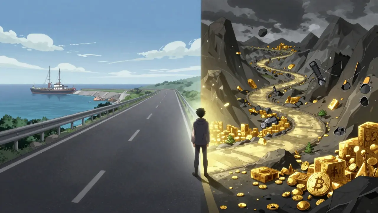 Anime illustration showing the choice between safe staking and risky yield farming