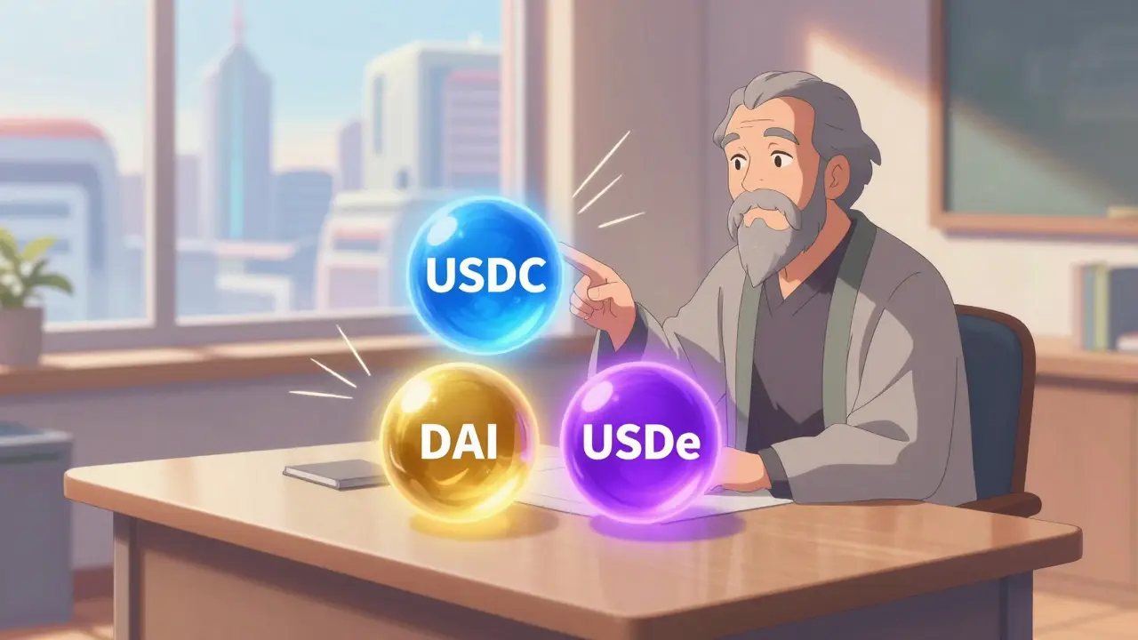 Anime mentor explaining stablecoin choices with glowing orbs on a desk