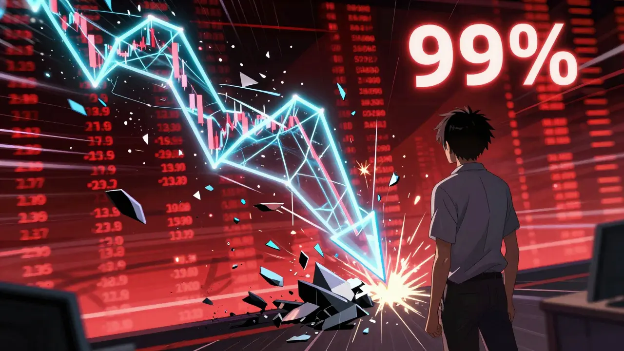 Anime style shattered neon price chart showing a massive crypto market crash.