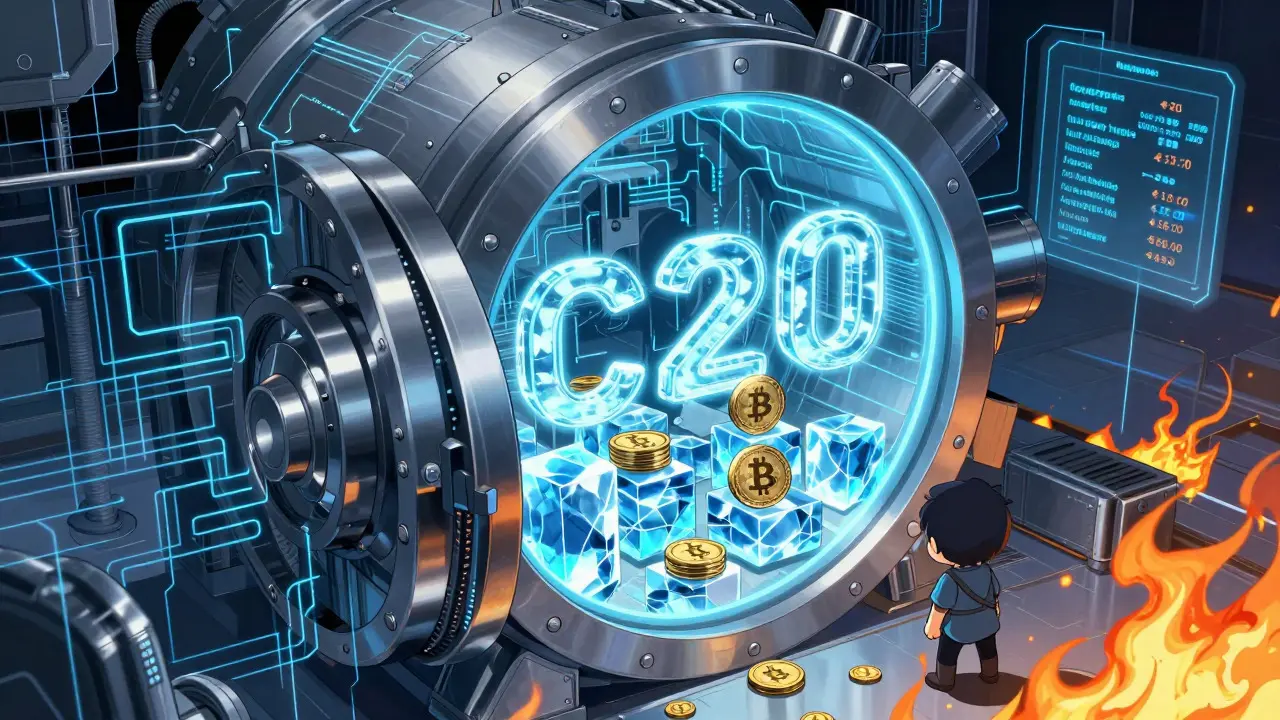 Anime visualization of C20 smart contract vault and redemption