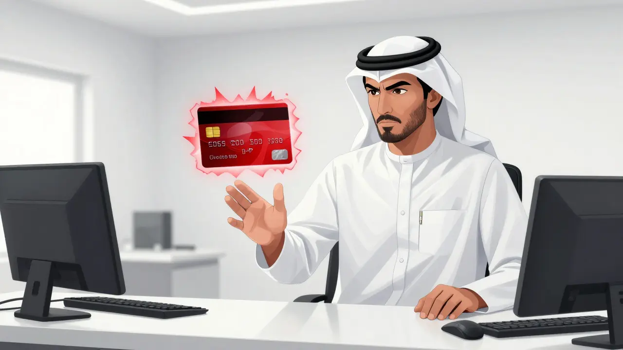 Bank manager blocking a credit card transaction with a red energy barrier
