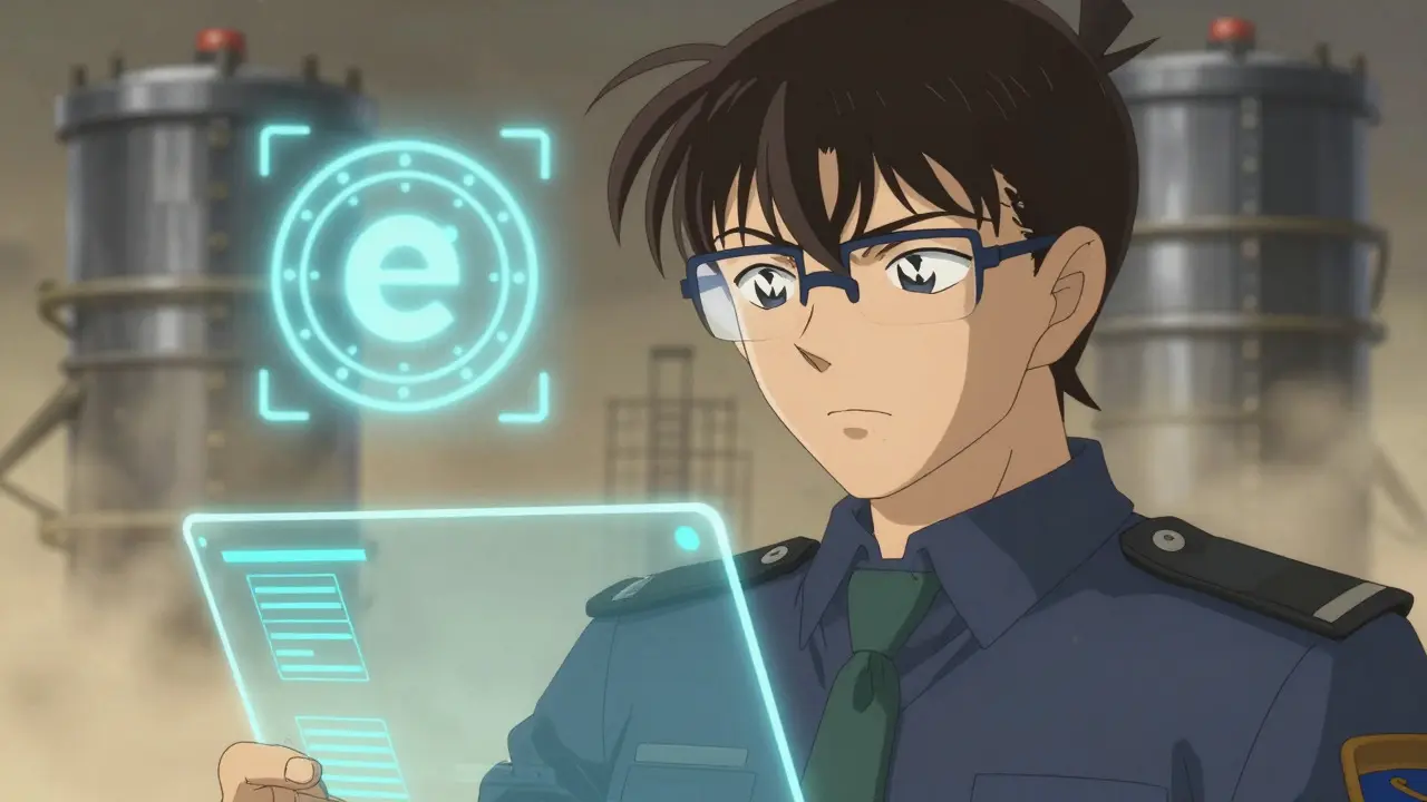 Close-up anime portrait of a regulator examining digital ledgers, with fading mining equipment in the background and a secure e-CNY vault.