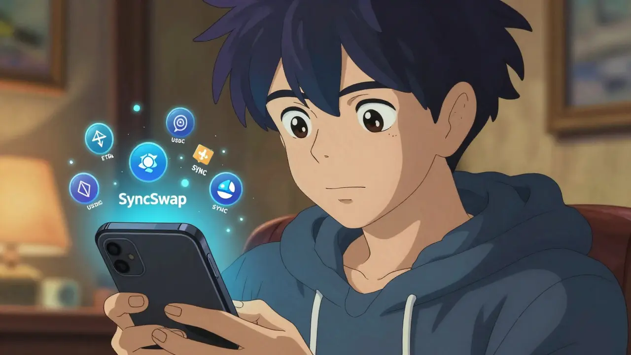 Close-up anime portrait of a trader using a smartphone to trade on SyncSwap, with floating token icons and a cozy background.