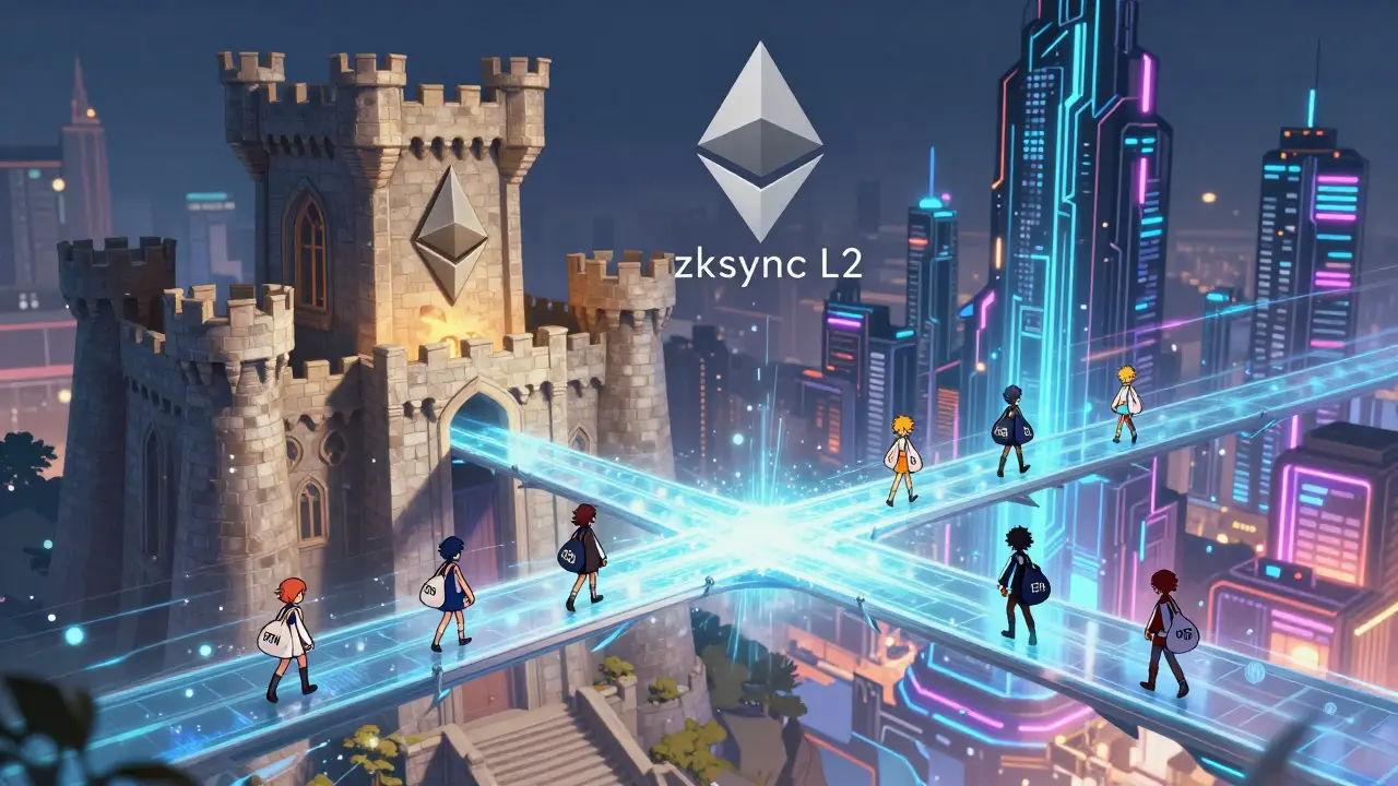 Concept art showing a glowing bridge connecting Ethereum and zkSync, with anime characters transferring assets across it.