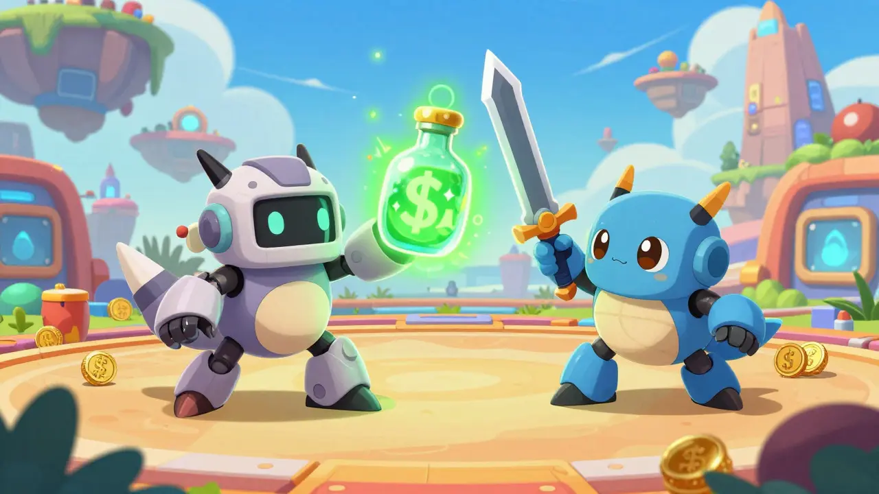 Cute Metamon robots battling with potions in anime metaverse