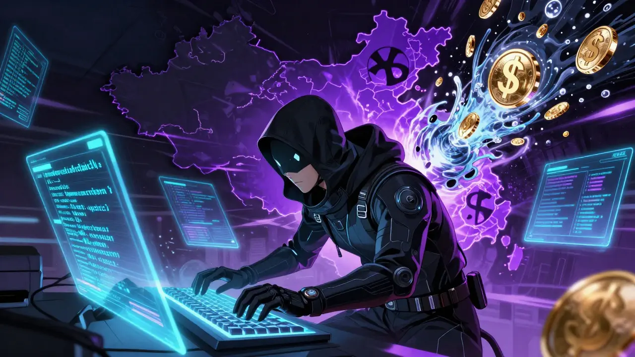 Cyberpunk hacker stealing crypto funds from a glowing digital network.