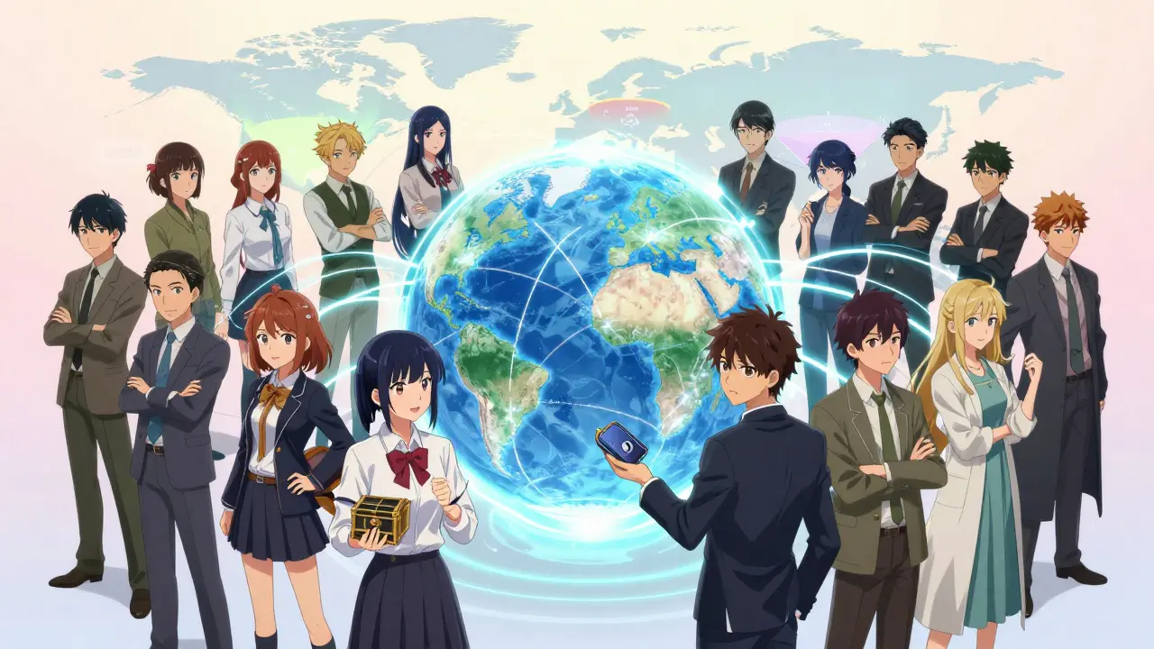 Diverse anime characters connected by glowing digital streams around a globe