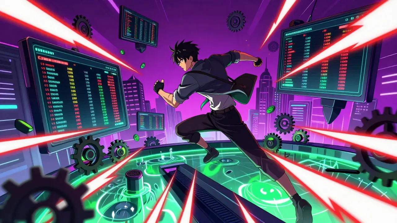 Dynamic anime scene of a trader navigating volatile DeFi markets and risks
