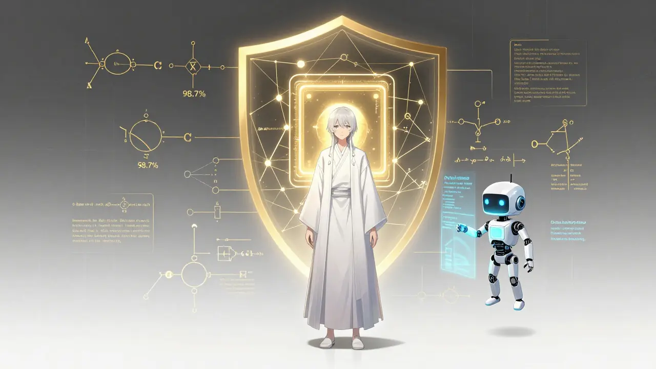 Ethereal figure surrounded by golden math proofs protecting a smart contract core.