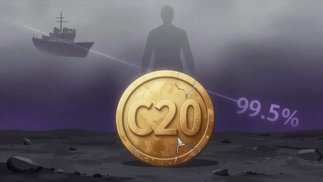 Faded C20 token in dark landscape showing value decline