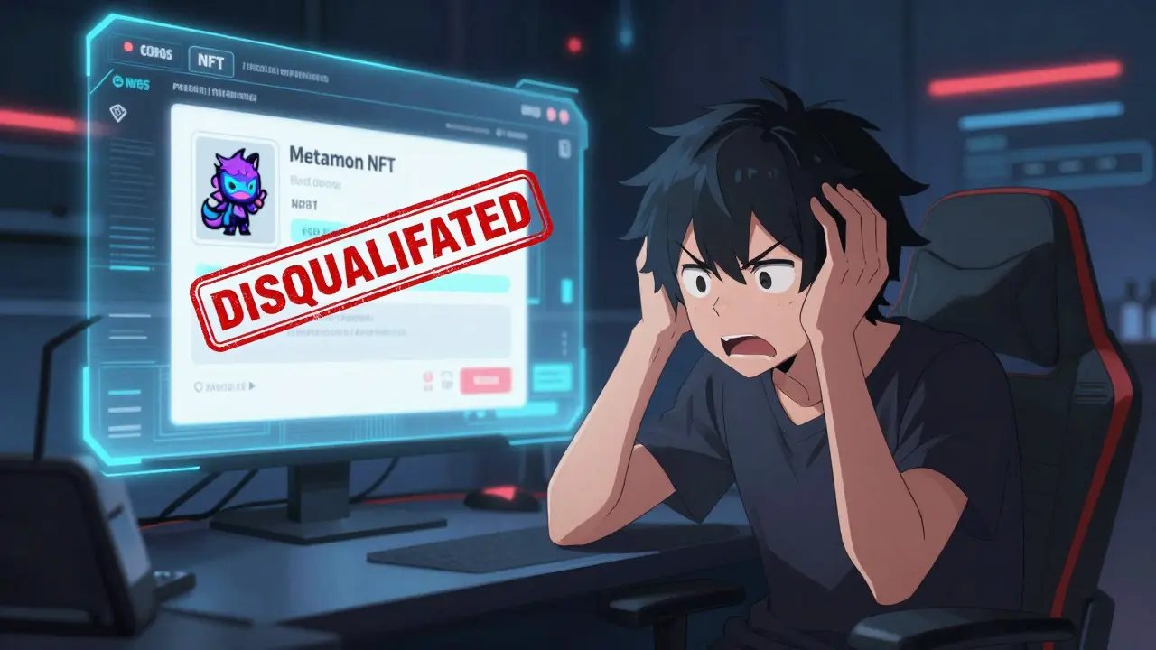 Frustrated anime gamer seeing disqualified NFT listing on screen
