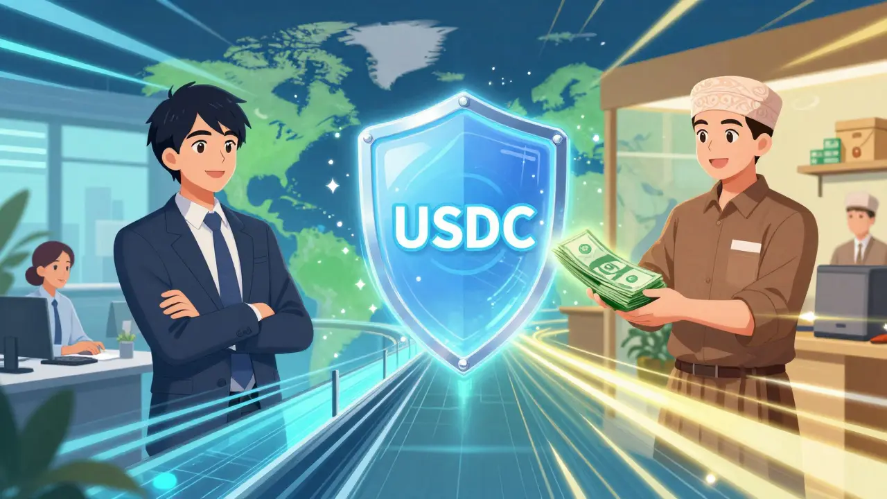 Futuristic anime scene showing fast, stable crypto payment between businesses