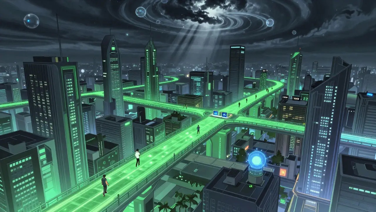 Futuristic city with light bridges connecting districts under a quantum storm sky.