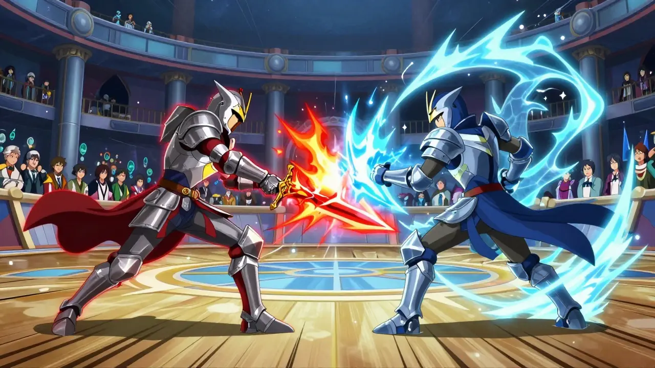 Intense anime PvP battle between two knights in arena