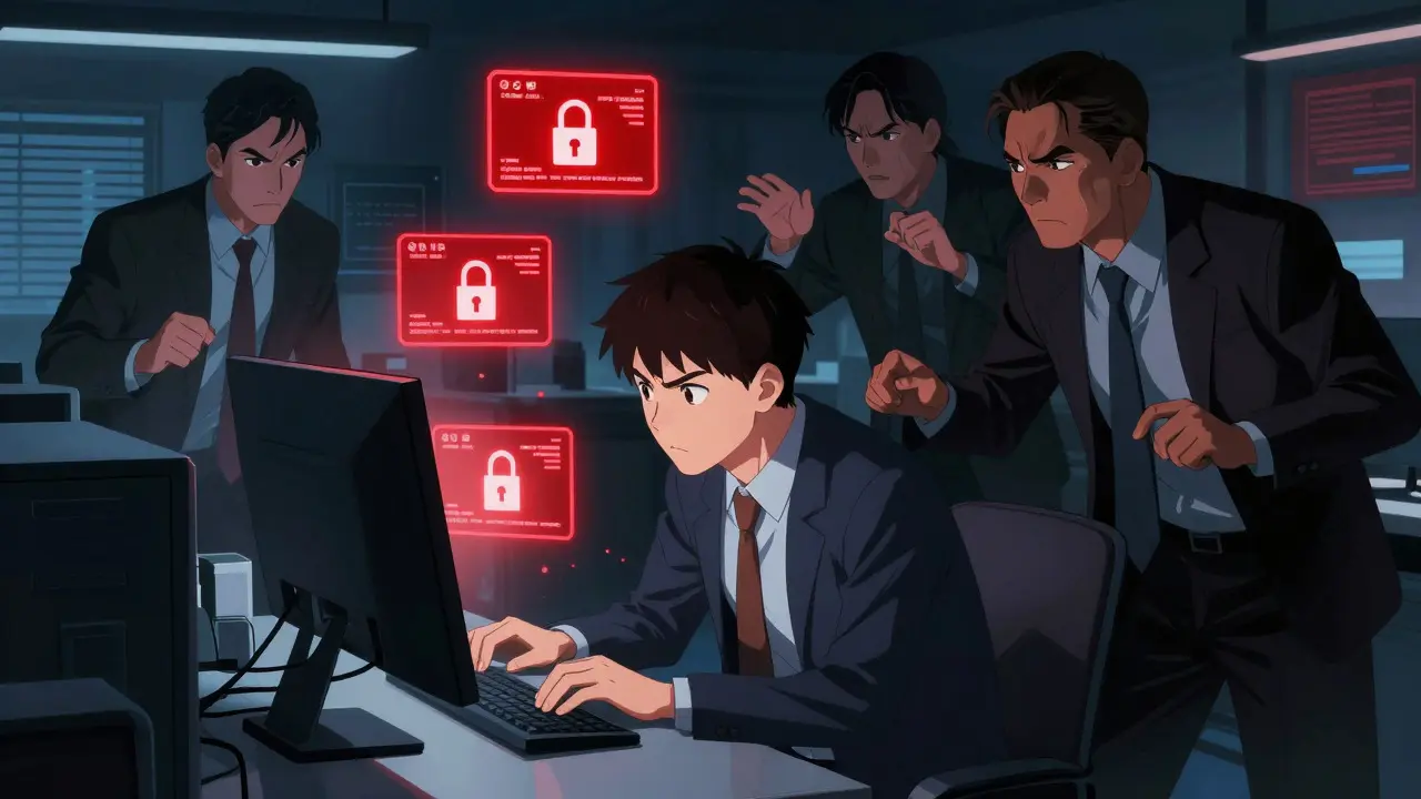 Managers blocking an employee's fraudulent crypto transfer attempt.