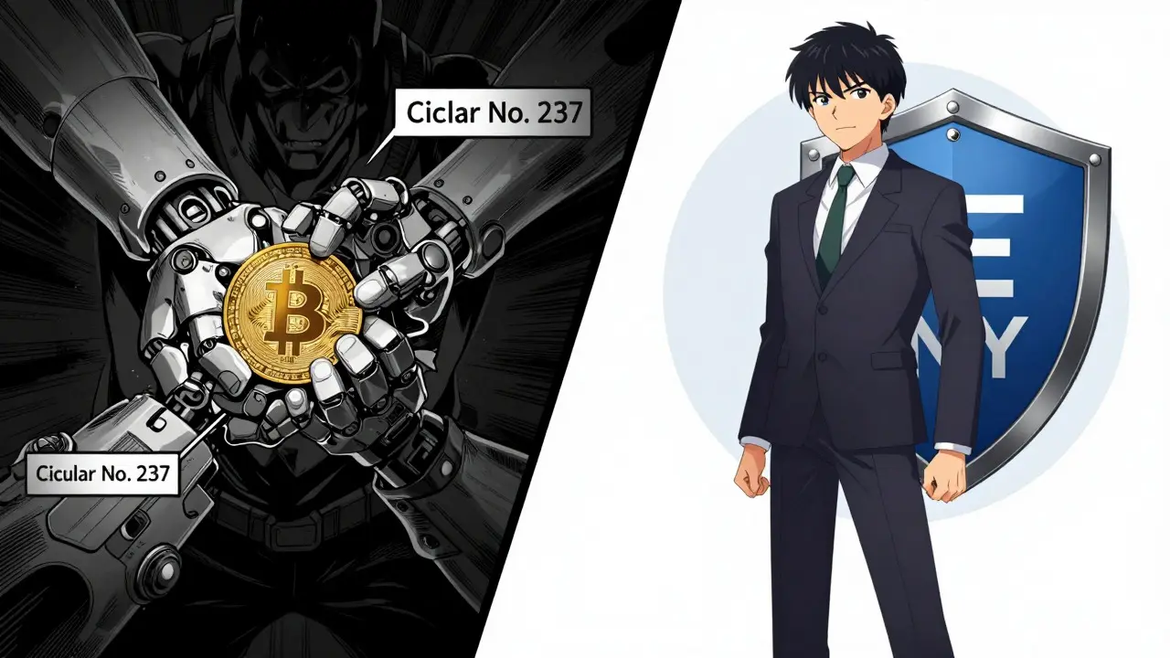 Manga panel showing the suppression of private cryptocurrency by government regulations versus the protected status of the Digital Yuan.