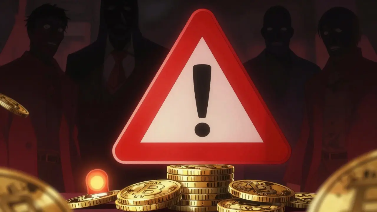 Manga style warning signs over crypto coins indicating risk