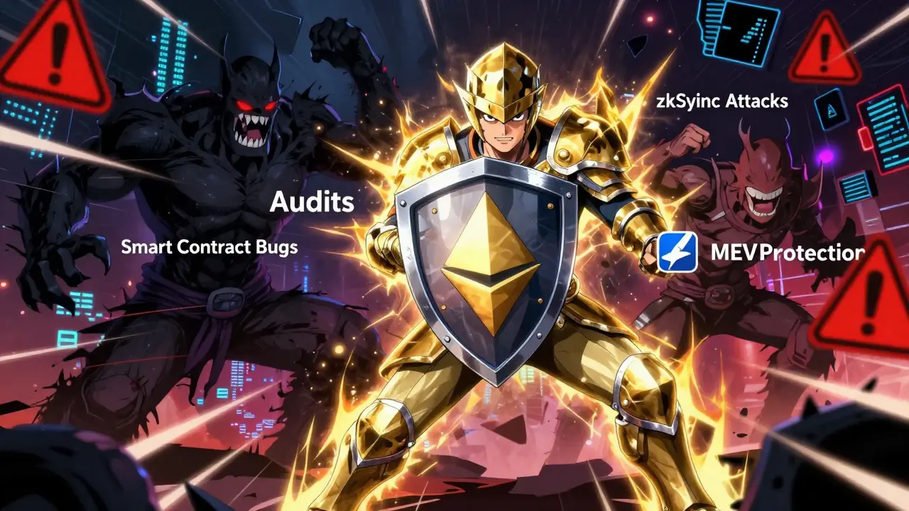 Shonen-style anime battle scene where a security hero fights against glitchy monsters representing smart contract risks.