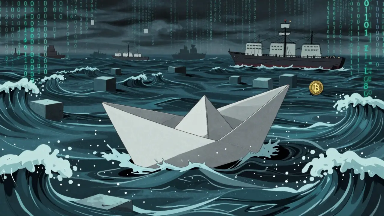 Small boat struggling in a stormy sea of blockchain code and data waves.