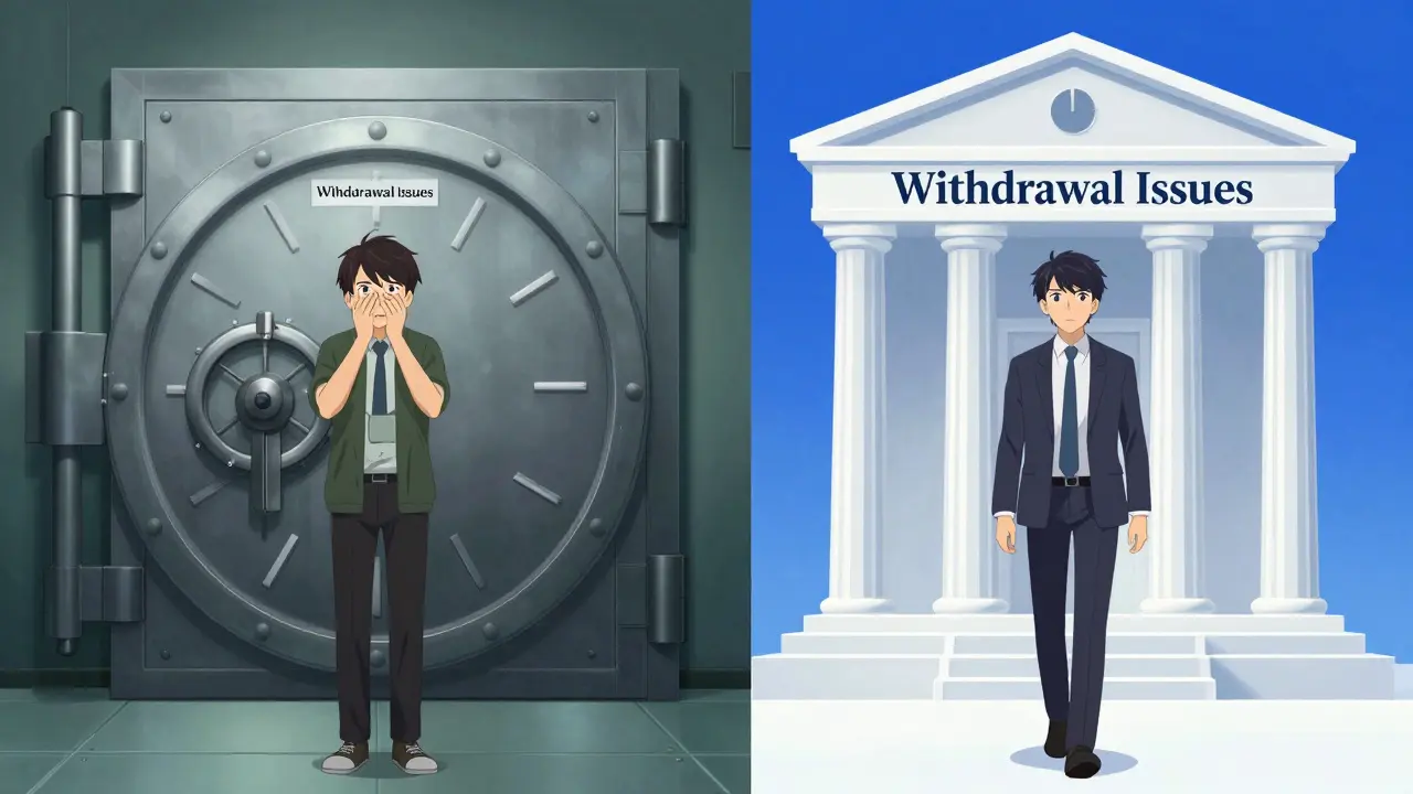 Split scene showing withdrawal issues vs secure regulated banks