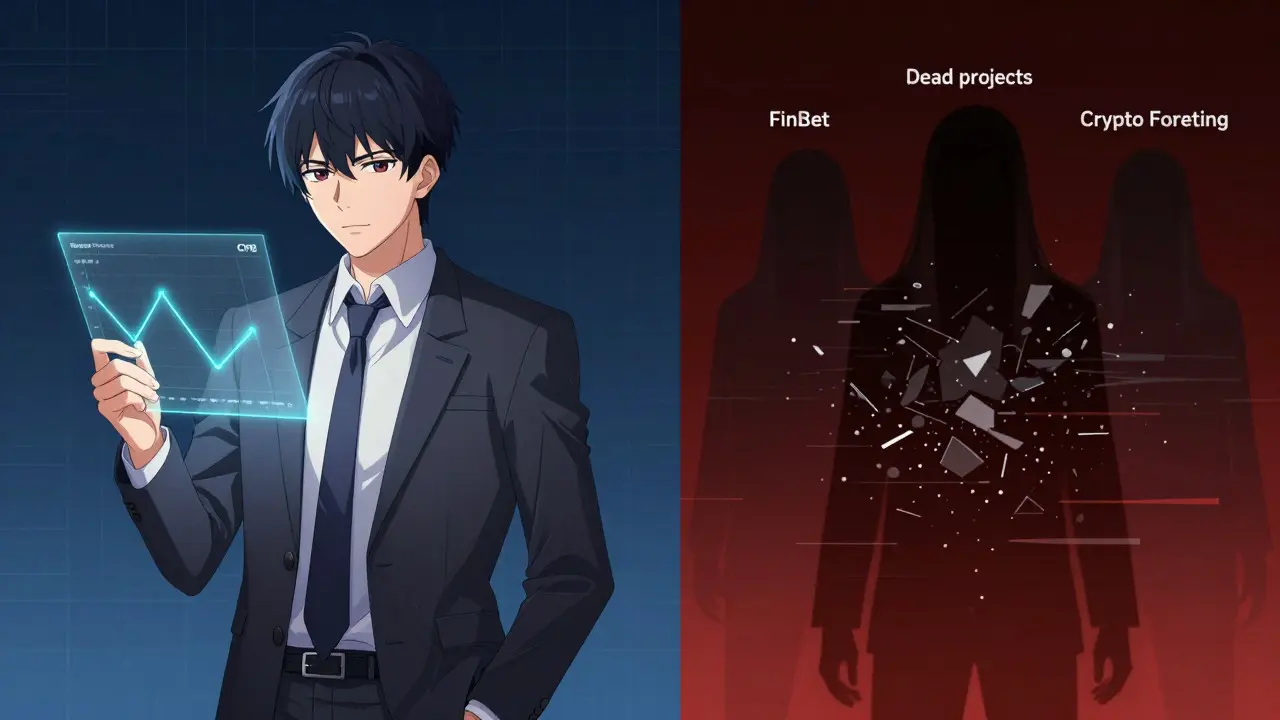 Split screen anime art contrasting stable DeFi index with ghostly dead crypto projects