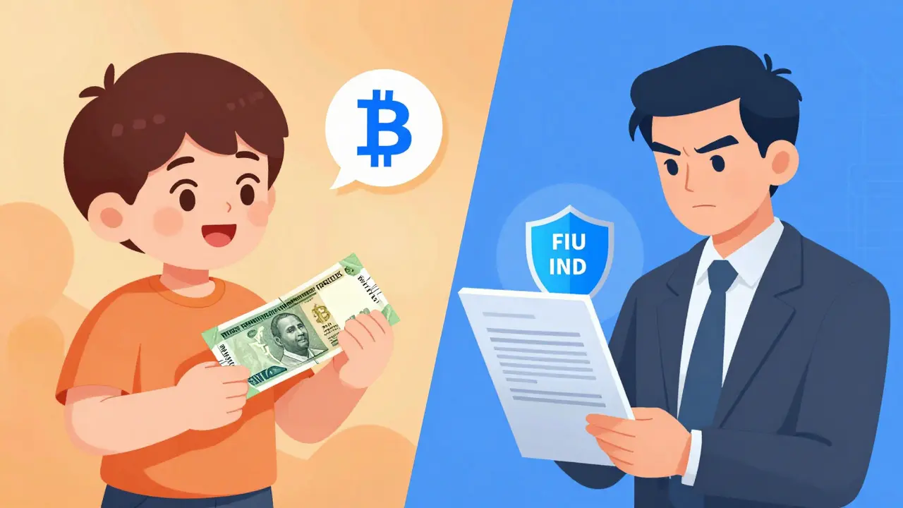 Split view showing easy INR crypto purchase vs regulatory compliance shield