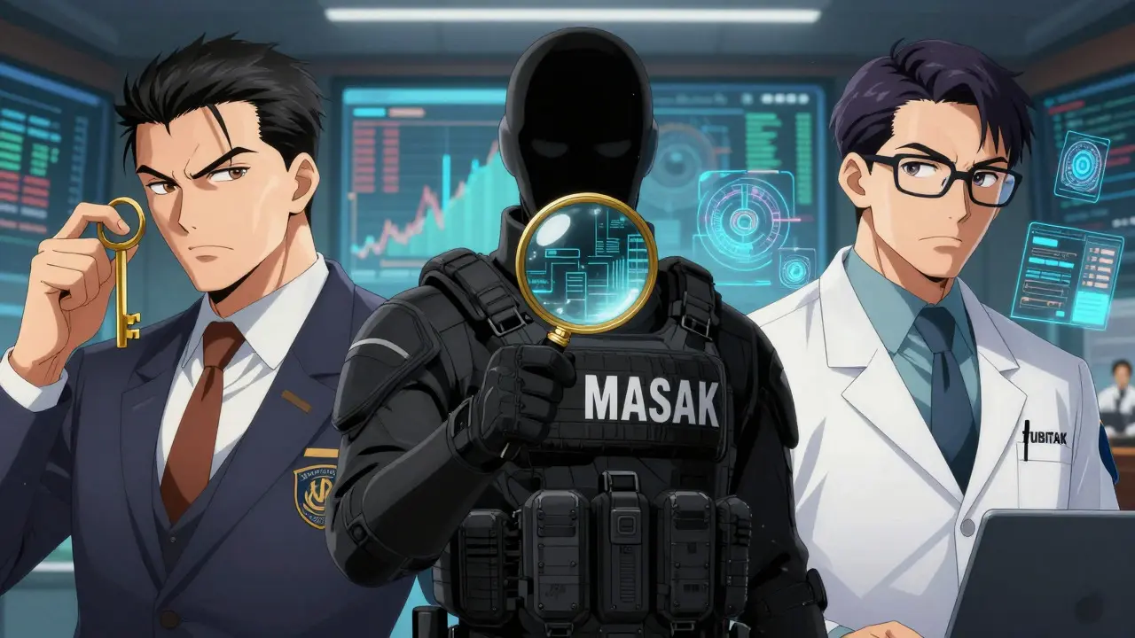 Three anime figures representing CMB, MASAK, and TUBITAK regulators