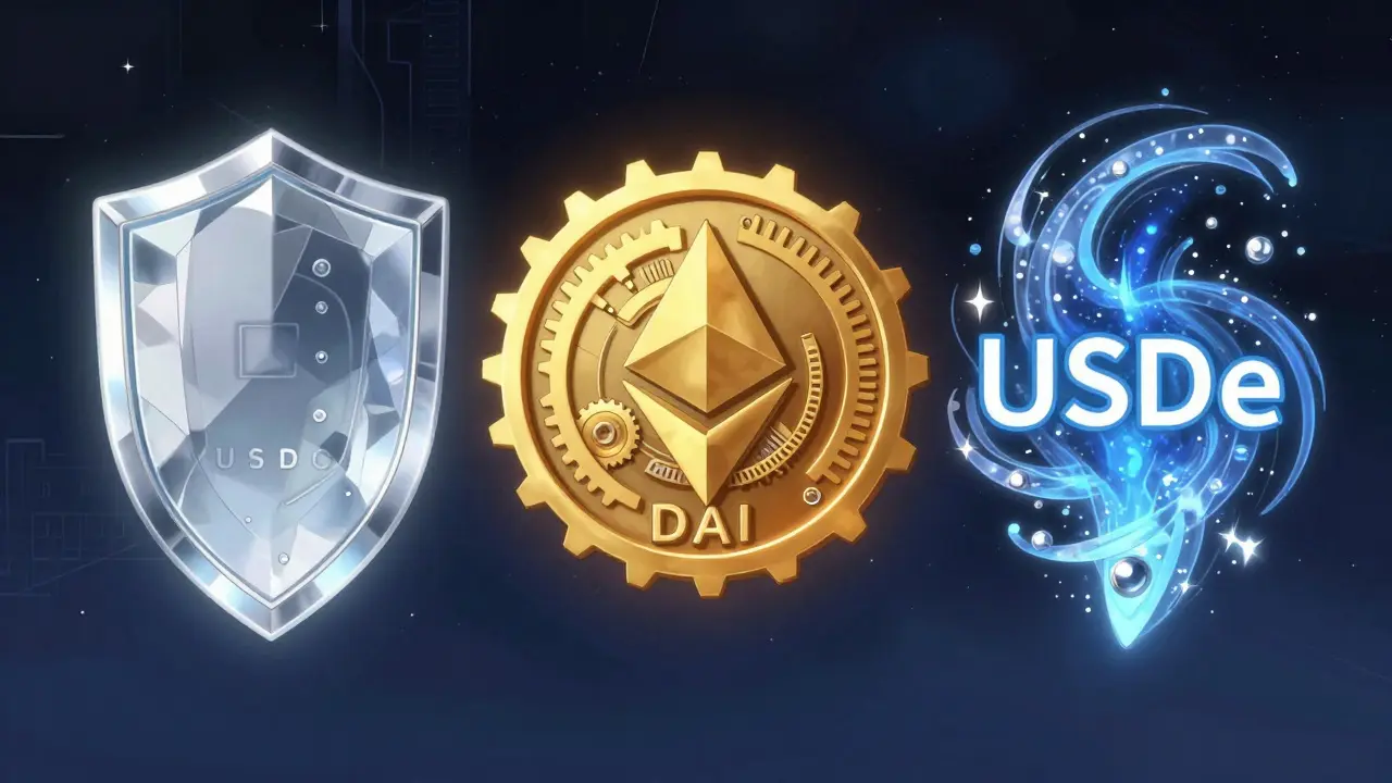 Three glowing magical artifacts representing USDC, DAI, and USDe stablecoins