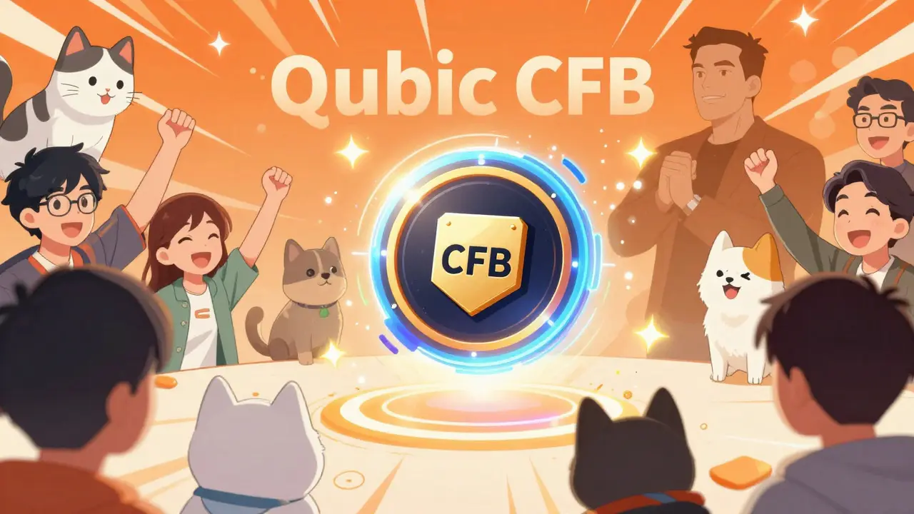 Vibrant anime scene showing Qubic CFB token avatars and community celebration