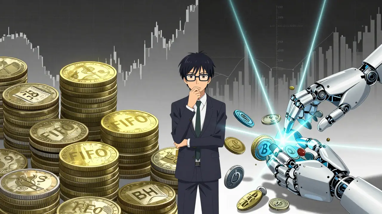 Visual comparison of FIFO vs Specific ID accounting methods for crypto taxes.