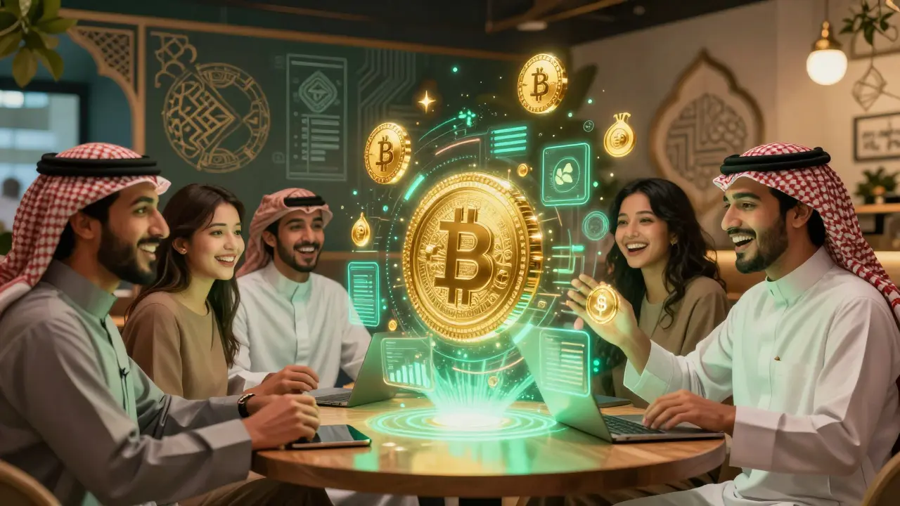 Youth in a cafe surrounded by floating digital crypto assets and charts