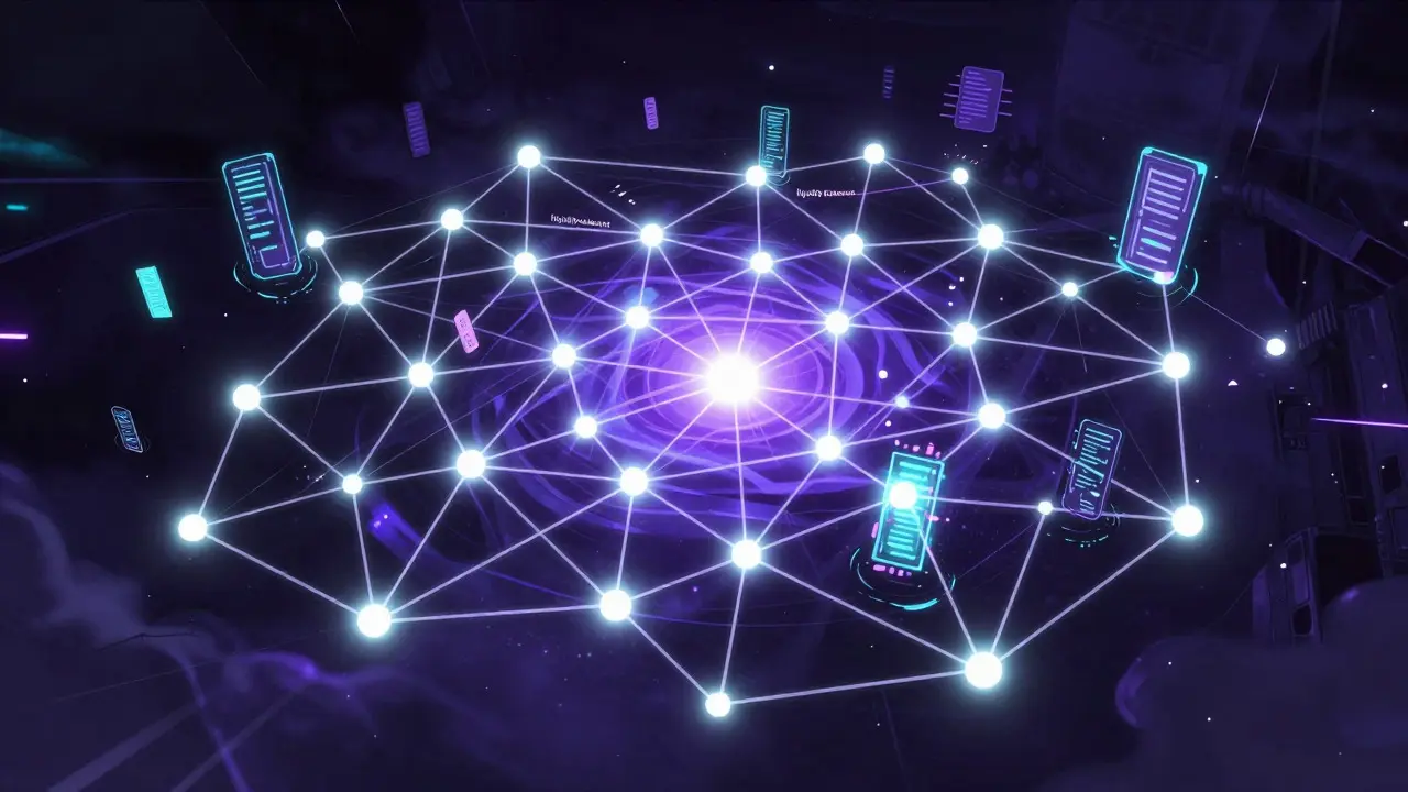 Abstract anime visualization of a glowing network of state channel nodes