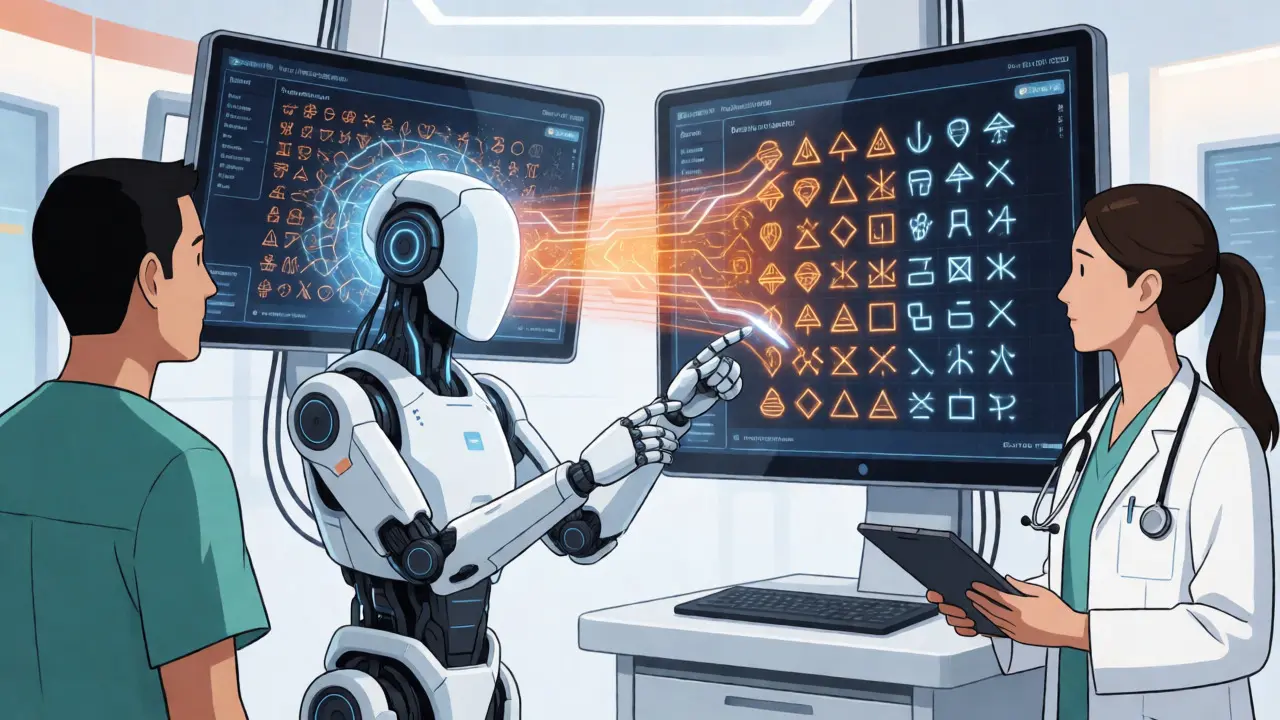AI translating medical data between systems in a futuristic clinic.