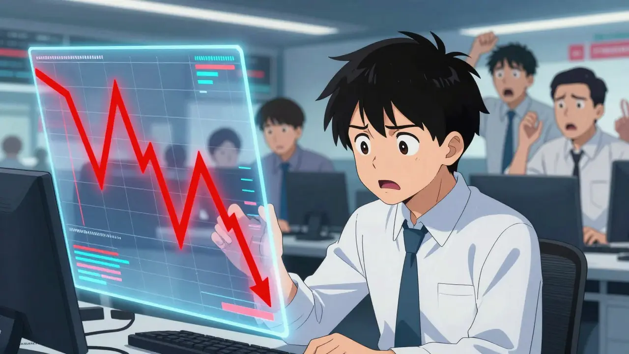 An anxious anime trader staring at a crashing holographic stock chart in a chaotic room