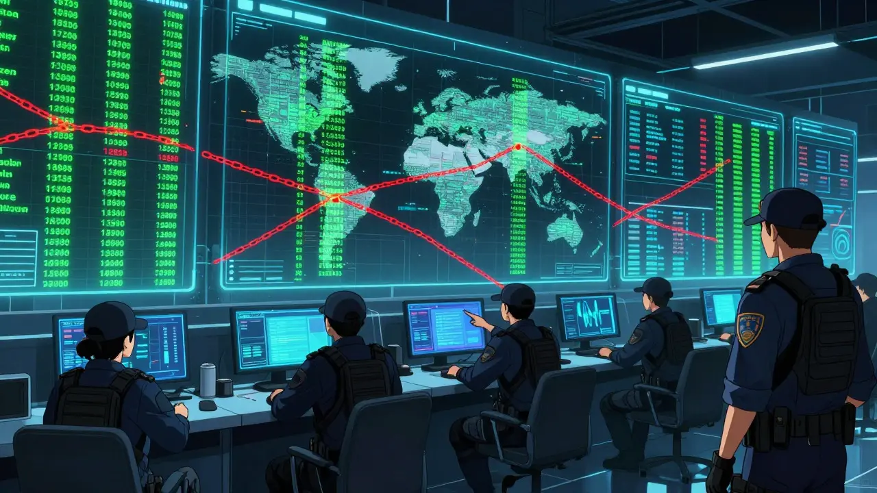 Anime agents tracking crypto transactions on screens