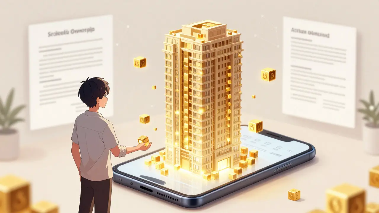 Anime character buying fractional real estate tokens via smartphone projection