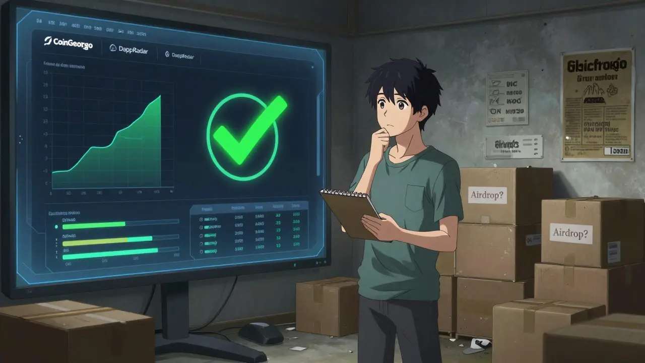 Anime character comparing legit crypto data tools against empty airdrop promises