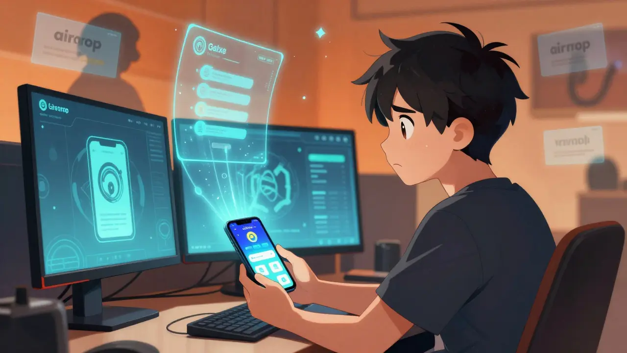 Anime character engaging with new crypto quests while old airdrop ghosts fade away