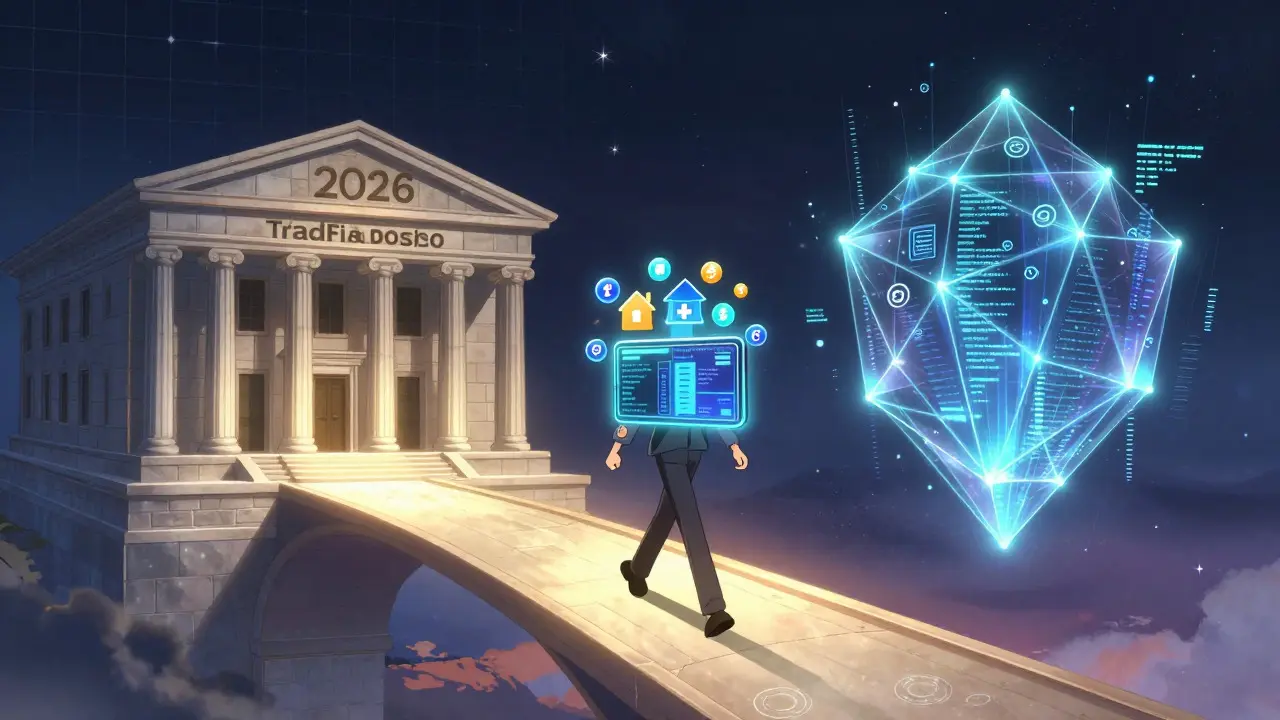 Anime figure crossing a digital bridge between traditional banks and blockchain