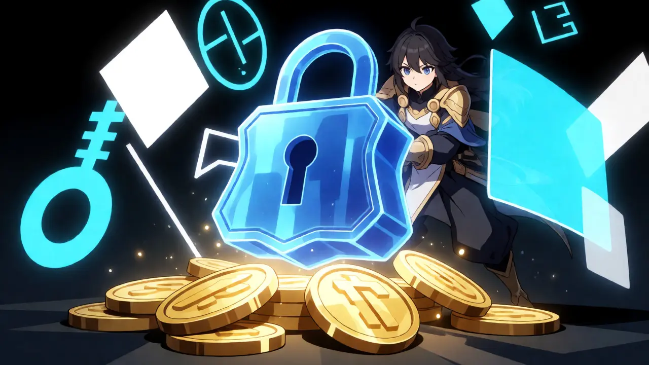 Anime guardian protecting a digital crypto vault with energy locks