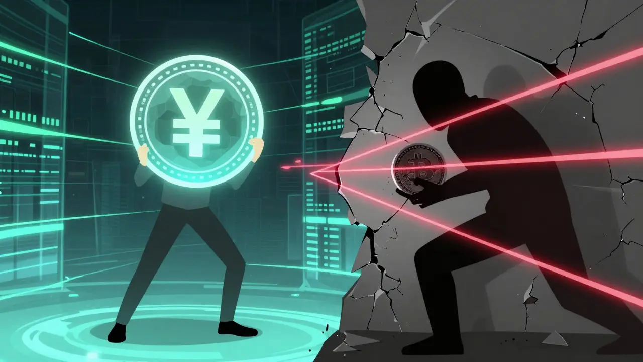 Anime illustration contrasting safe digital yuan with risky hidden crypto assets