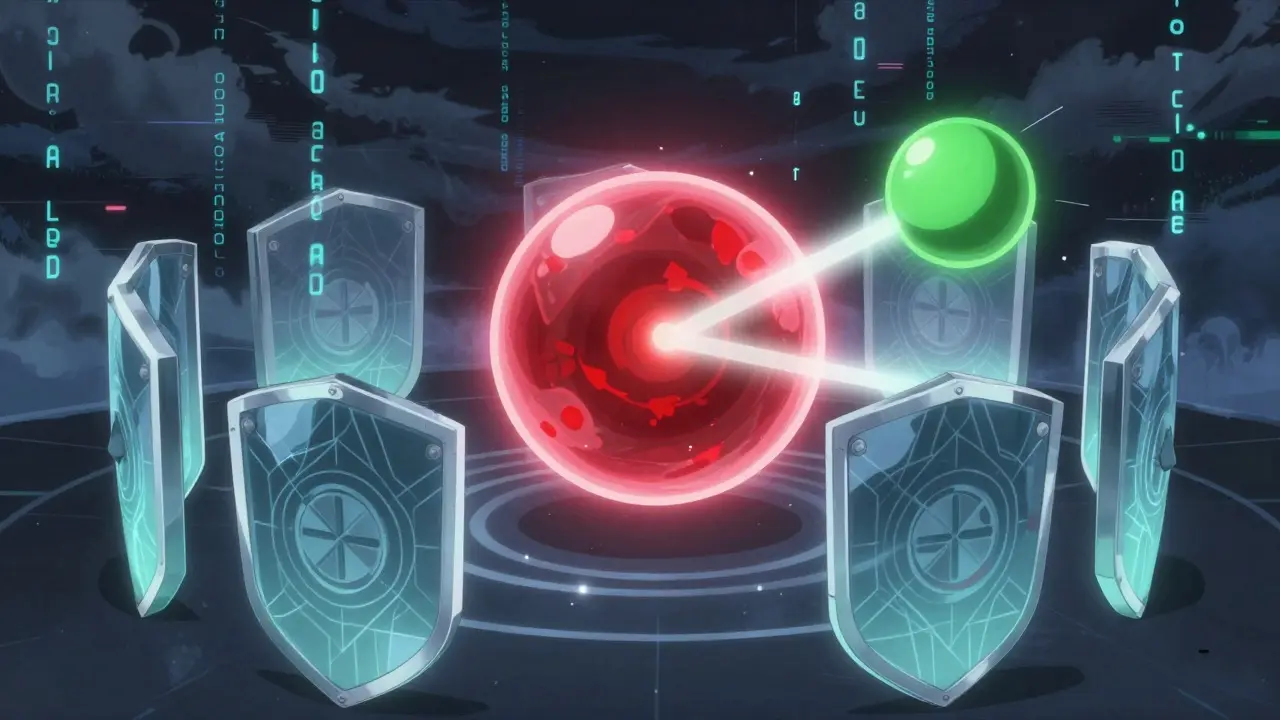 Anime illustration of a defensive shield swapping volatile assets for stability