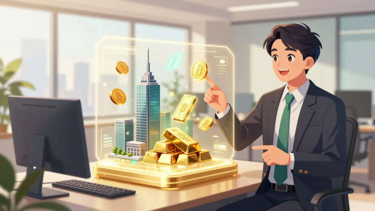 Anime illustration of tokenized real-world assets like gold and property