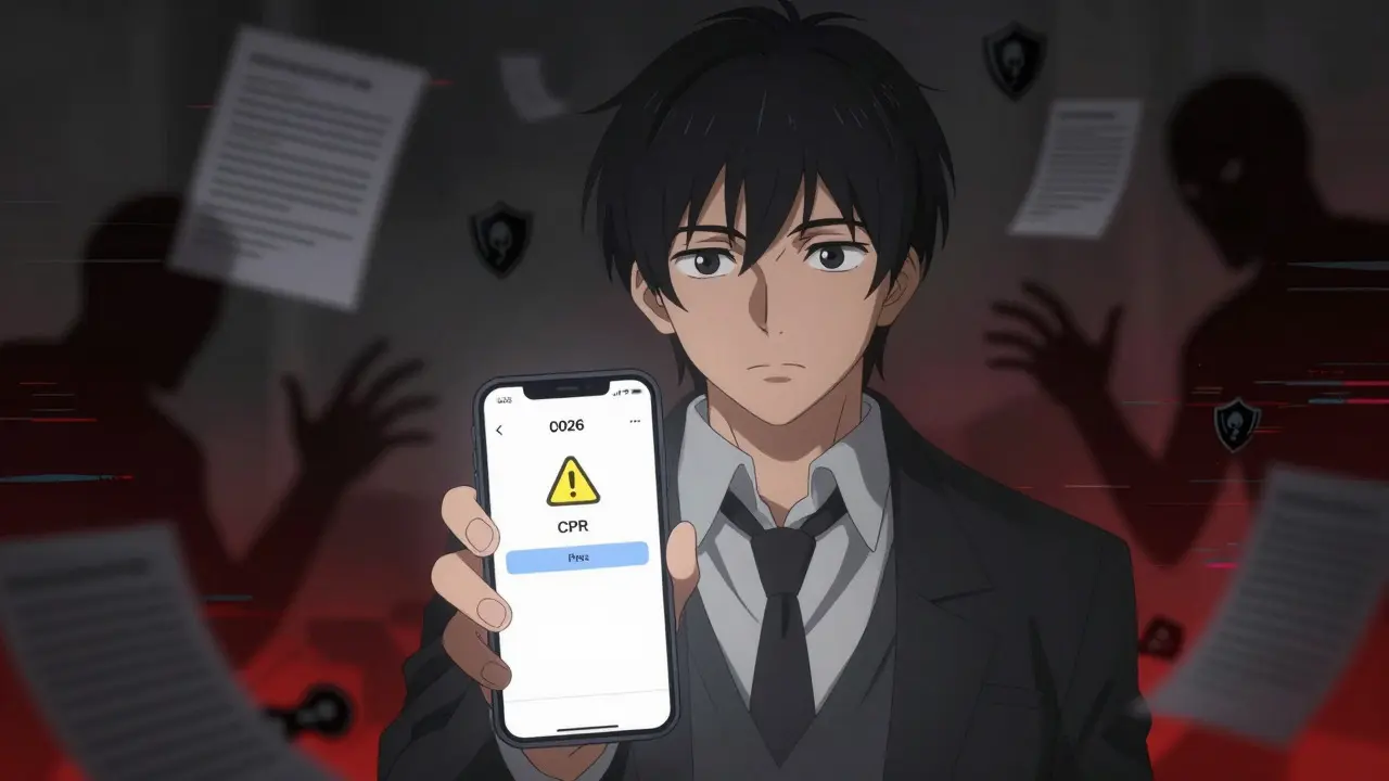 Anime investor checking worthless old crypto tokens while avoiding scam warnings.