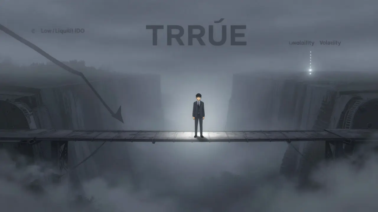 Anime investor standing on a narrow bridge over a misty, uncertain landscape